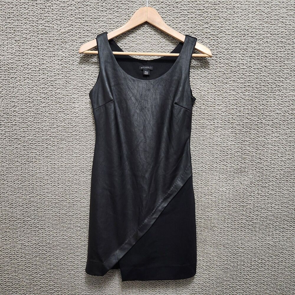 METAPHOR Women’s Black Faux Leather Sheath Dress Sleeveless Asymmetrical Size XS